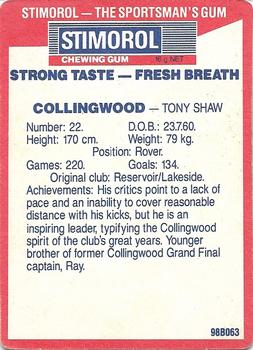 1990 AFL Scanlens Stimorol #51 Tony Shaw Back